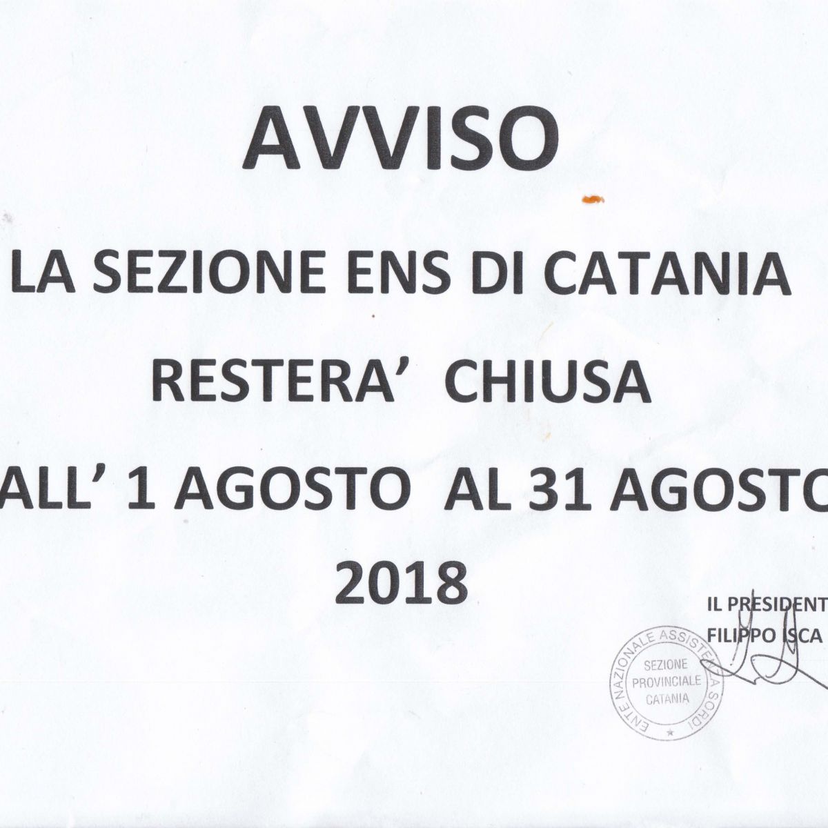 Avviso ai soci ENS Sezione Prov.le di Catania rimarrà chiusa